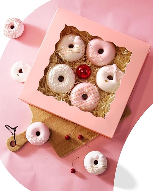 qiqee Auto-pop up Pink Pie Boxes with Window 10x10x2.5 inch 30Packs Cookie Donut Bakery Box