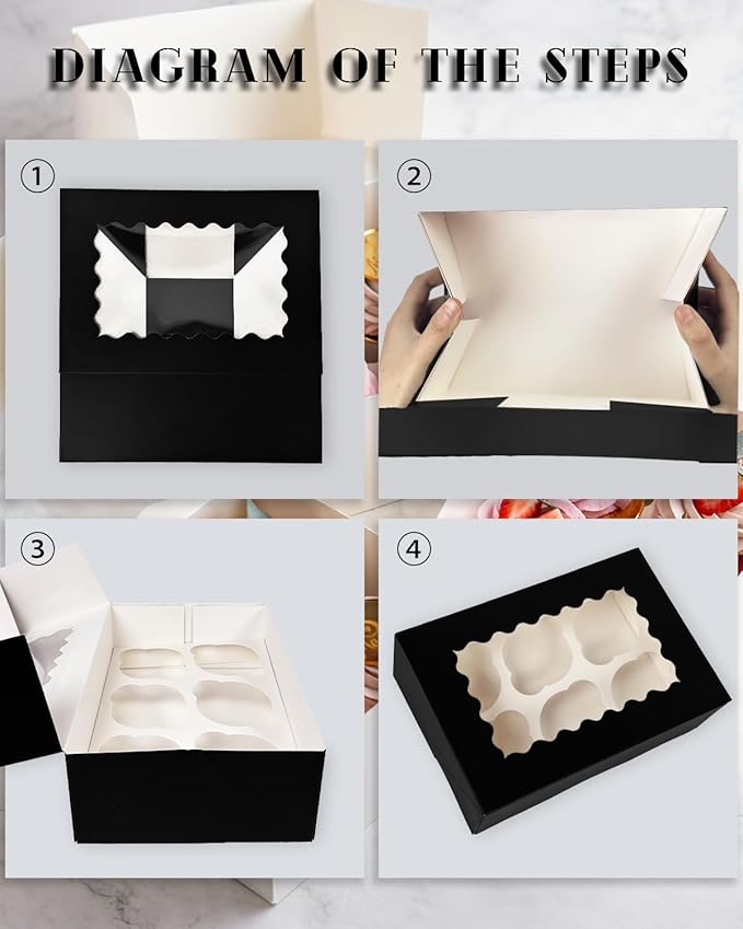 Bakepacker Auto-pop up 6 Cupcake Boxes with Window 20 Count Black Box 9.4 x 6.1 x 3 inch Cupcake Carrier