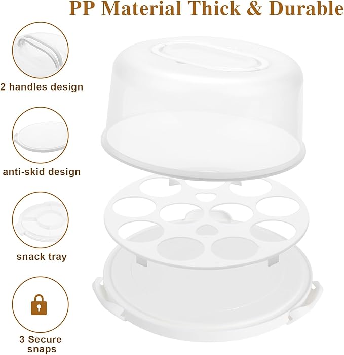 Cake Carrier with Lid and Handle, Multipurpose Cake Stand Fits 10 inch Cake, Cupcake Containers for 11 Cupcakes，Cake Holder Serves as Five Section Serving Tray, Portable Cake Carriers, White