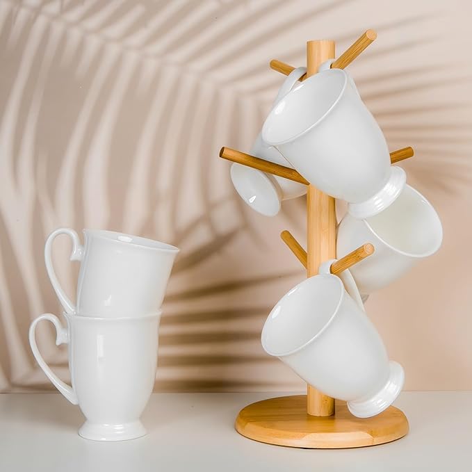 Luxury Fine Bone China White Coffee Mugs Set of 6 (8 oz), Ceramic Euro Style Tea Cups, Elegant Durable Coffee Cups Set for Gifts, Women, Men, Mom, Dad, Wedding