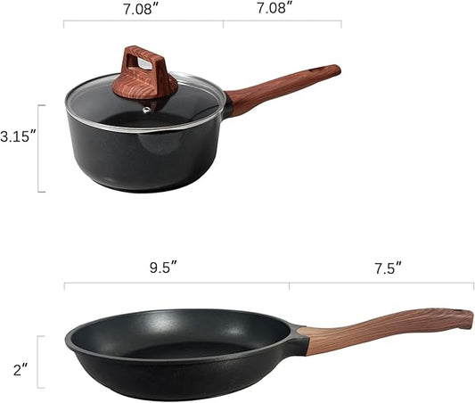 3-Piece Granite Non-Stick Cookware Set - 9.5" Frying Pan, Skillet, 7" Sauce Pan with Lid - PFOA Free