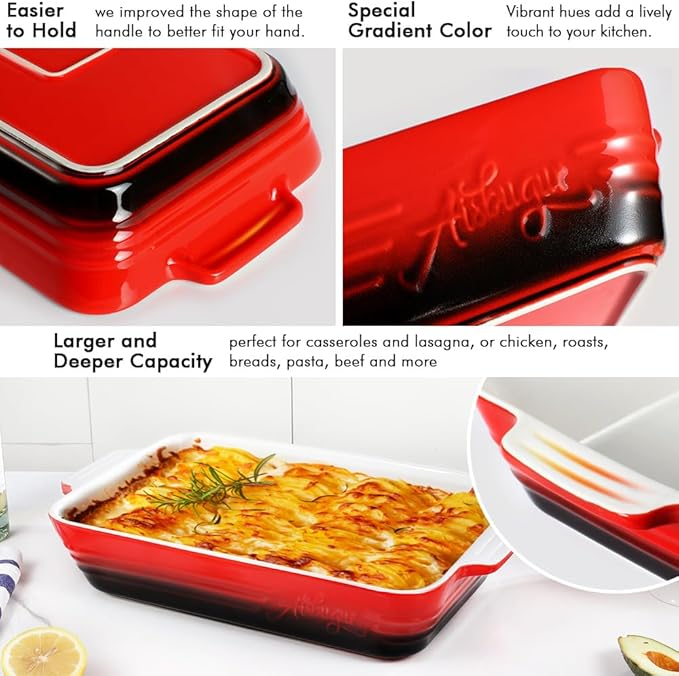 Casserole Dish Ceramic Baking Dish Casserole Dishes for Oven 9x13 Baking Dish with Handles Deep and Large Capacity Baking Dish for Casseroles Lasagnas Roasted Vegetables Great Kitchen Gifts, Red