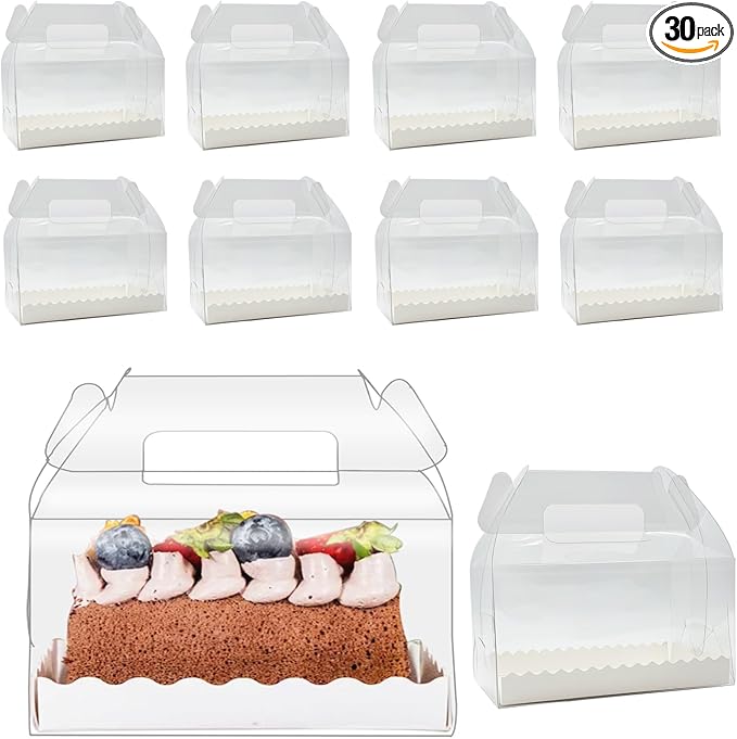 30 Pcs 6.3 Inch Clear Roll Cake Gable Boxes with Handle & Cake Boards, Transparent Plastic Gift Boxes，Easy Carrying Pastry Containers for Bakery Christmas Wedding