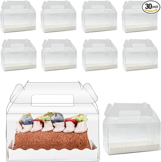 30 Pcs 6.3 Inch Clear Roll Cake Gable Boxes with Handle & Cake Boards, Transparent Plastic Gift Boxes，Easy Carrying Pastry Containers for Bakery Christmas Wedding