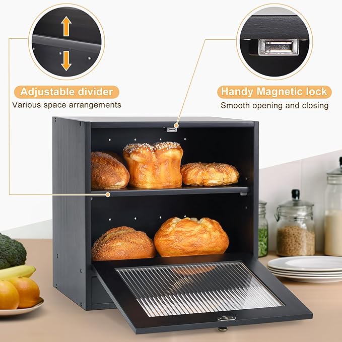 Sunhoo Bread Box for Kitchen Countertop Bin 2 Layer Wooden Bread Storage Breadbox Holder Large Capacity Container Bread Organizer Farmhouse Keeper Shelf with Drawer Acrylic Window (Black