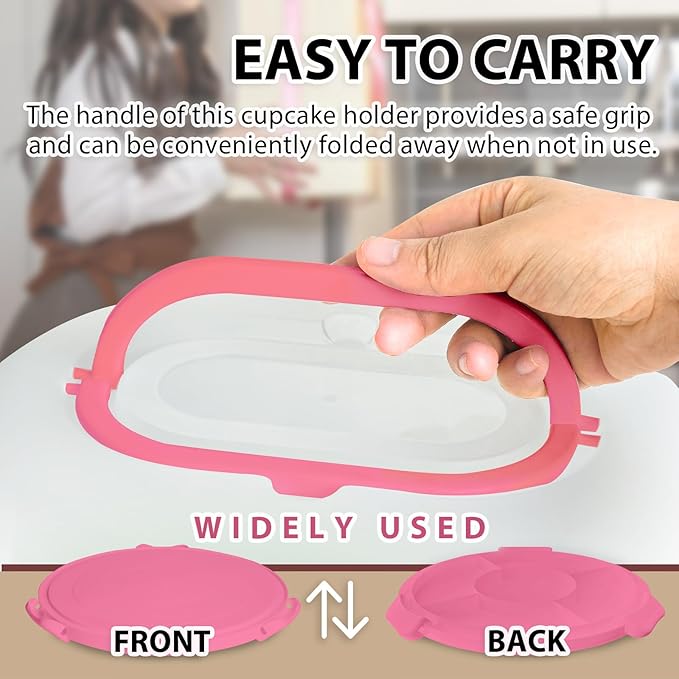 Pink Plastic Cake Carrier with Lid and Handle, Multipurpose Cupcake Holder Stand Serving Platter for 10'' Cake, Round Portable Dessert Storage Container Box with Cover for Pie Pizza Fruit Snack