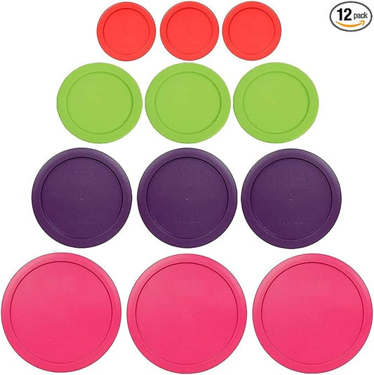 1, 2, 4 & 7 Cup Red, Spring Green, Purple, Pink Replacement Lids/Covers for Pyrex, Anchor Hocking & KlareWare Storage Bowls *Lids Only Glass Container Not Included* (12 Pack *Three of Each Size*)