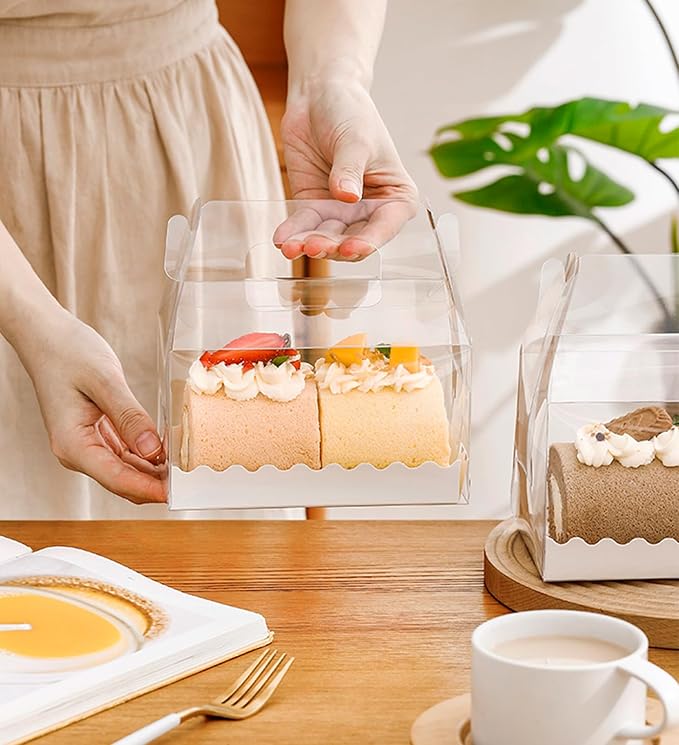 30 Pcs 6.3 Inch Clear Roll Cake Gable Boxes with Handle & Cake Boards, Transparent Plastic Gift Boxes，Easy Carrying Pastry Containers for Bakery Christmas Wedding