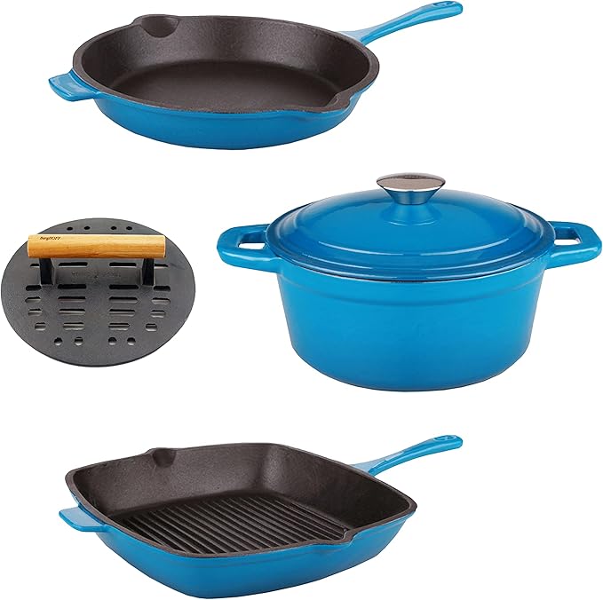 BergHOFF 5Pc Neo Enameled Cast Iron Cookware Set, 3qt. Dutch Oven, Fry Pan 11", Grill Pan 10", Black Slotted Steak Press, Matching Lid,Oven Safe Up To 400°F, Blue