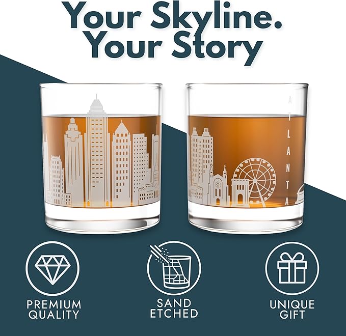 Greenline Goods – Atlanta, GA Skyline Whiskey Glasses (Set of 2), 10 oz – Rocks/Old Fashioned Tumblers