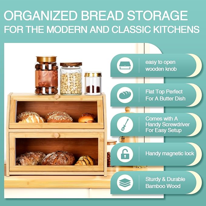 Bread Box for Kitchen Countertop Double Layer,Wooden Extra Large Storage Bin,boxes for kitchen counter Capacity Bin Kitchen Food Storage Container（Natural Wood Color）