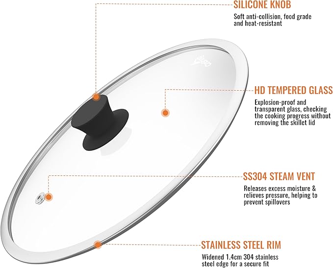 8 Inch Pan Lid For Pots Pans and Skillets, Cast Iron Skillet Lid, Tempered Glass Pan Lids, Replacement Pan Cover for Frying, Wok, Crock Pot Lid with Wide Stainless Steel Rim, Cooking Pot Covers