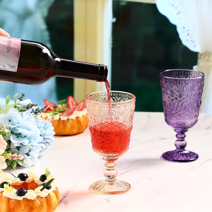 Eaasty Wine Glasses Set of 6 Vintage Goblet 9 oz Vintage Colored Glass Goblet Beverage Stemmed Glass Cups Romantic Embossed Glassware for Wedding Party Holidays Anniversary (Multi Colors)