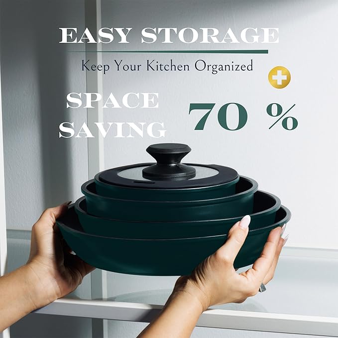 Moss & Stone Aluminum Pots And Pans Set Nonstick, Removable Handle Cookware, Stackable , Dishwasher Safe, Induction Camping Cookware Set. (10 Pieces Blue)