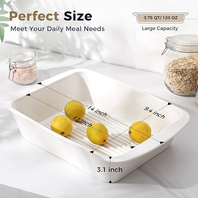 Baking Dish for Oven, 9.3'' x14'' Ceramic Casserole Dish, Lasagna Pan, Oven Safe Bakeware Sets with Handles, Microwave, Dishwasher Safe, Home Decor, Wedding Gift, White, Set of 2