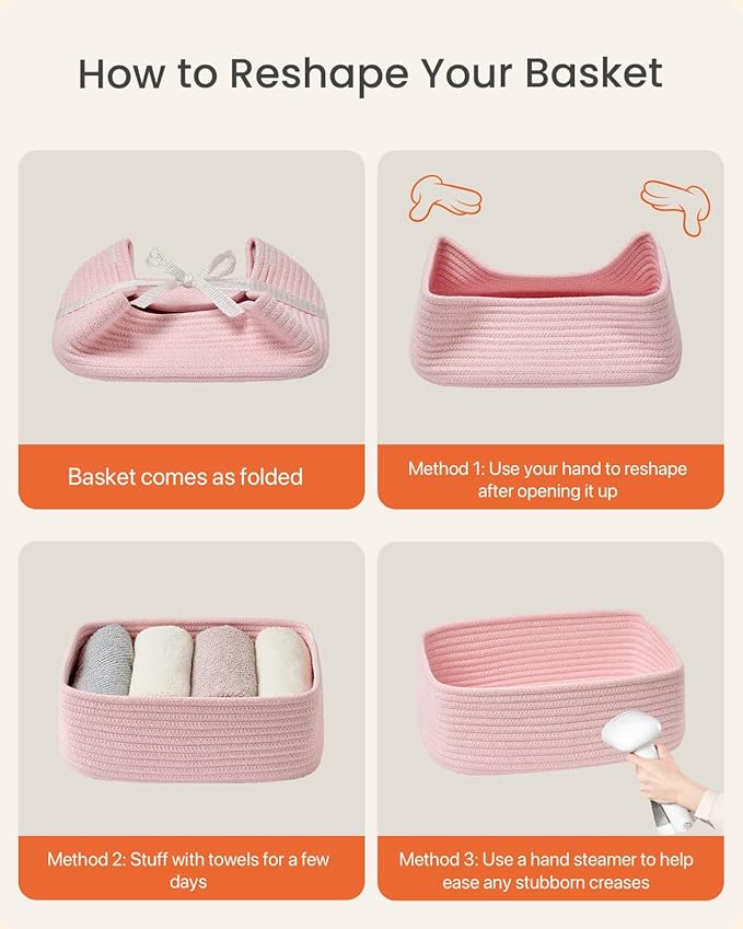 Small Woven Basket, 12 x 8 x 4.5 Inches, Storage Basket for Organizing, Cute Small Rope Shelf Closet Cube Storage Bins Baskets for Shelves, Dog Toy Gift Baskets Empty, 3 Pack Light Pink