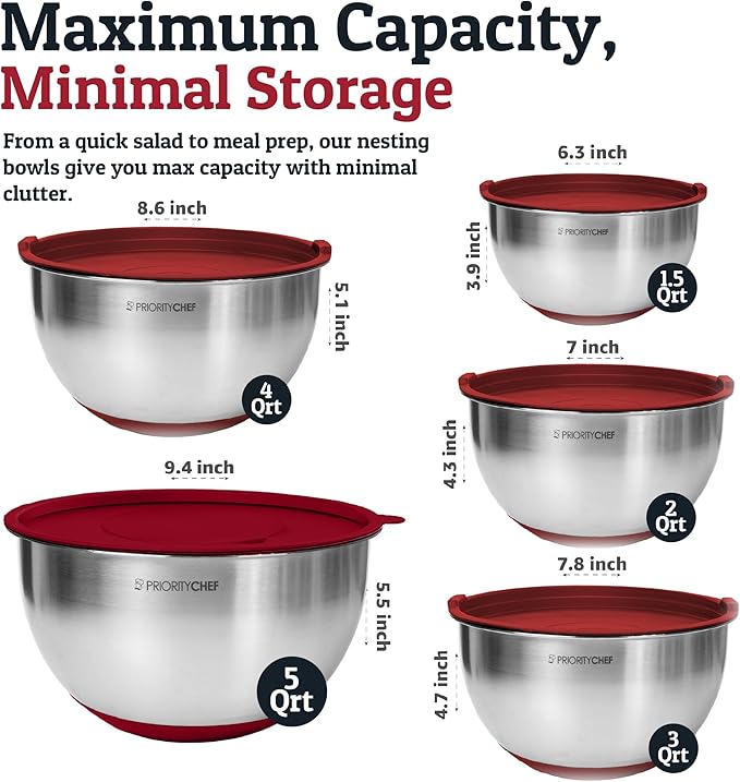 Priority Chef Stainless Steel Mixing Bowls with Lids Set, Metal Nesting Bowls with Airtight Lids, Graters, Non-Slip Base & Measurement Marks, Includes Utensil Set for Prep, Baking & Storage, Red