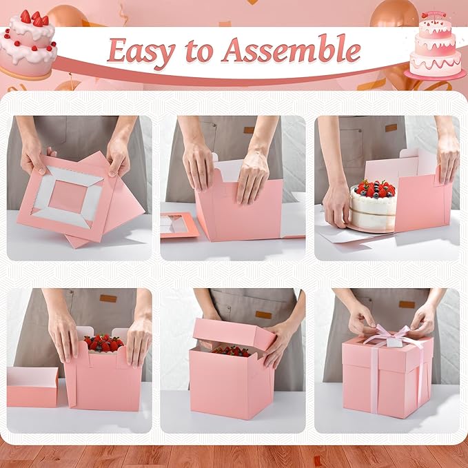30Pcs Cake Boxes, 12x12x6 Inch Bakery Boxes with Window, 15Pcs Large Pink Dessert Boxes(15Pcs Cake Boards), Cake Carrier Container Disposable Pie Boxes Package for Pastries Cookies Cupcakes