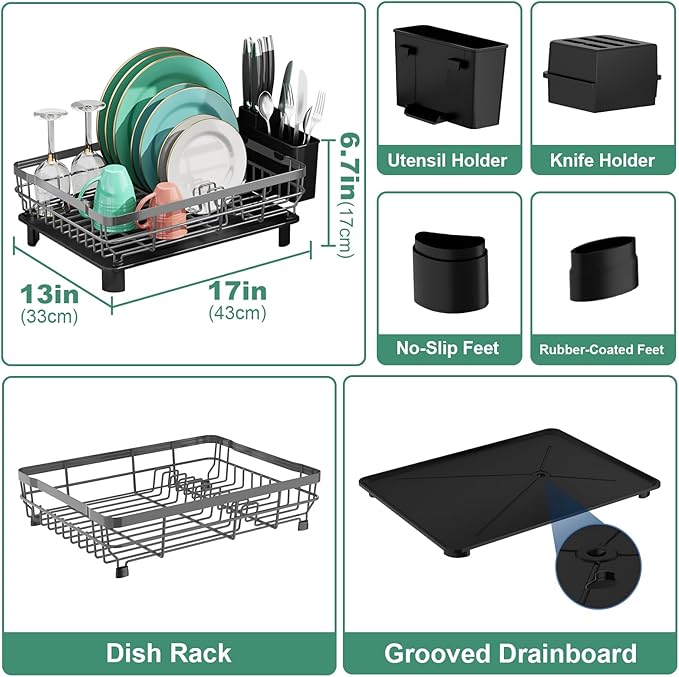 MOUKABAL Dish Drying Rack, Dish Rack, Large Dish Racks for Kitchen Counter, Drying Rack Kitchen with Removable Utensil Holder, Drainboard (Grey/Gray)