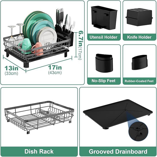 MOUKABAL Dish Drying Rack, Dish Rack, Large Dish Racks for Kitchen Counter, Drying Rack Kitchen with Removable Utensil Holder, Drainboard (Grey/Gray)