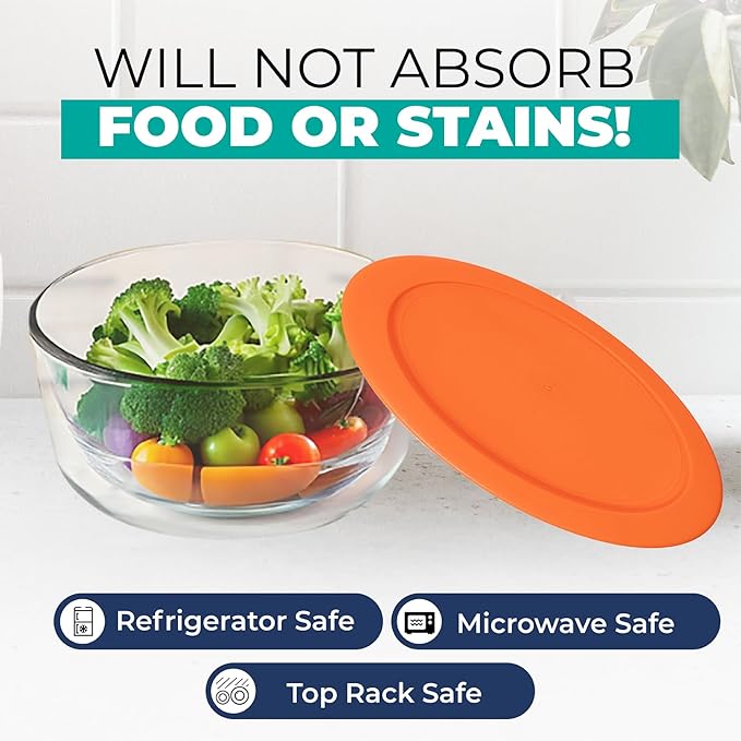 Replacement Lids for Pyrex Containers Round Glass Food Plastic - (2) 2-Cup Orange, (2) 4-Cup Teal, (2) 7-Cup Blue - BPA-Free, Dishwasher & Microwave Safe