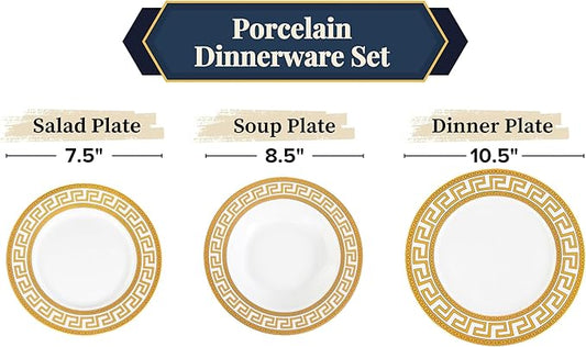 32 Piece Porcelain Dinnerware Sets – Service for 8 Plates and Bowls – White and Gold Greek Key Design Dishware for Kitchen, Formal Dining or Everyday Meals (Meander Gold)