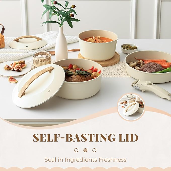 PRICUSIS Ceramic Pots and Pans Set with Detachable Handle, Non-toxic Nonstick 8pcs Cookware Set with Die-cast Lids, Dishwasher & Oven Safe, PTFE PFOA PFAS Free, Perfect for College Dorm, Cream White