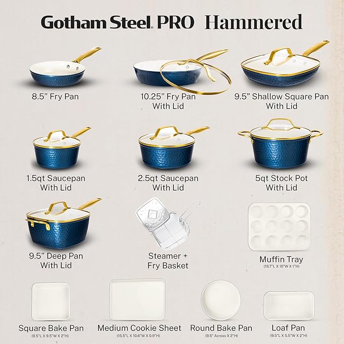 Gotham Steel Hammered 20Pcs Ceramic Cookware Set, Induction Pots and Pans Set Non Stick with Deep Fry Pan, Steamer, & Bakeware, Non Toxic PFOA PFOS Free, Oven & Dishwasher Safe
