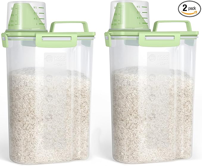 TBMax Rice Container Cereal Storage Container 2 Pack 5 Lbs, Plastic Kitchen Pantry Food Storage Container with Cup, Small Pet Dog Cat Food Dispenser -Green