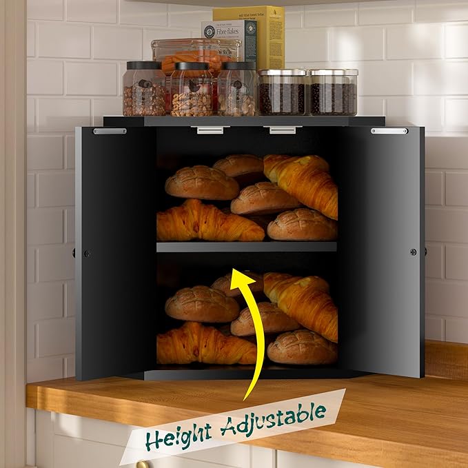Corner Bread Box for Kitchen Countertop,Storage Container for Homemade Bread, Double Layer BreadBox, Large Capacity Bread Storage Bin, Vintage Farmhouse Breadbox Organizer,Black