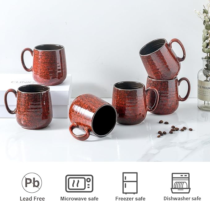 Hasense Coffee Mugs 8 oz, Ceramic Small Espresso Cups Set of 6, Mini Cups with Handle for Coffee, Tea and Cocoa, Modern Mugs for Mother's Day Gift, Dishwasher & Microwave Safe, Red