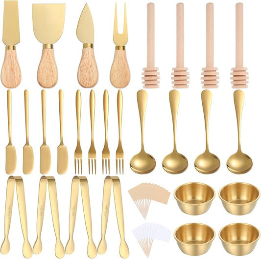 48Pcs Charcuterie Boards Accessories Gold Charcuterie Utensils Butter Spreader Knives Set Stainless Steel Cheese Mini Serving Tongs Spoons Forks Dipping Bowls Toothpick Flags Utensil for Pastry Making