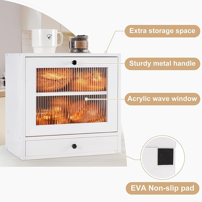 Sunhoo Bread Box for Kitchen Countertop Bin 2 Layer Wooden Bread Storage Breadbox Holder Large Capacity Container Bread Organizer Farmhouse Keeper Shelf with Drawer Acrylic Window (White