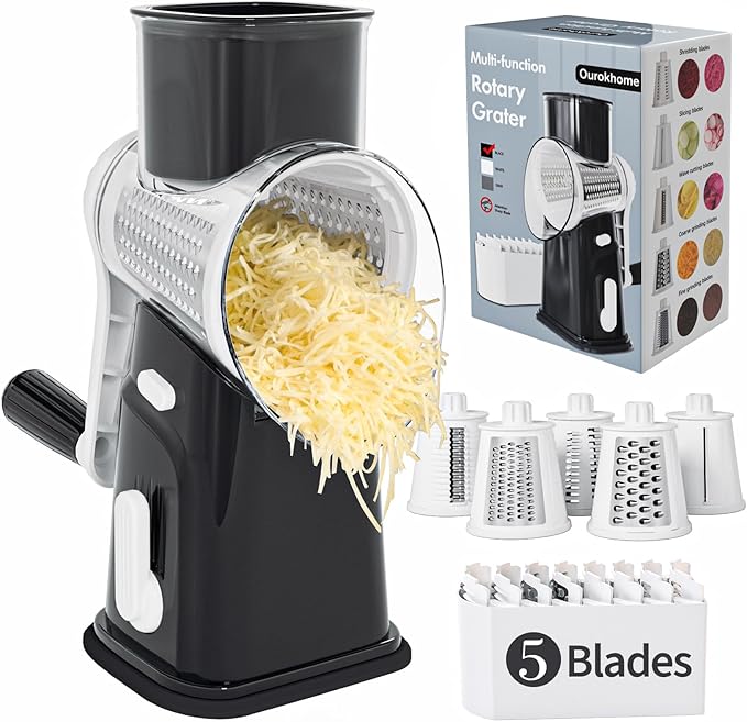 Ourokhome Cheese Grater Hank Crank Cheese Shredder, Mandoline Vegetable Slicer with 5 Interchangeable Blades and Strong Suction Base for Fruit, Vegetables, Nuts Black
