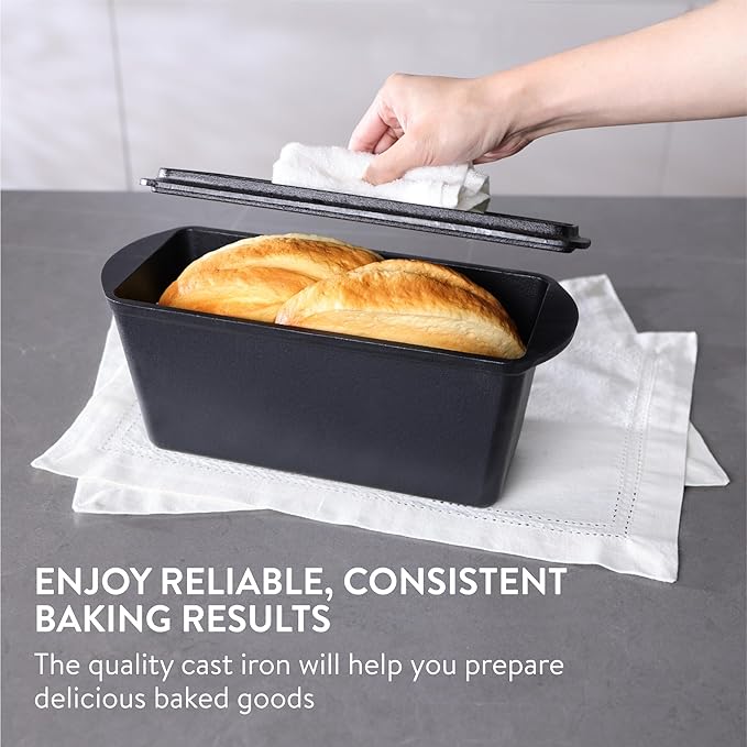 Navaris Cast Iron Bread Loaf Tin with Lid, 34cm, Black - Even Heat Distribution - Pre-Seasoned Non-Stick Baking Pan - Cake and Bread Tins for Roasting, Oven Cooking & Grilling