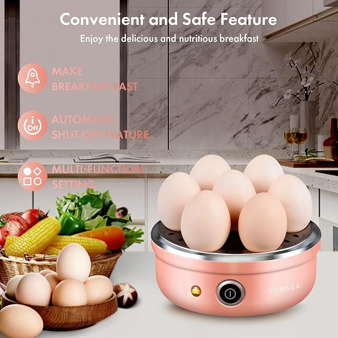 VOBAGA Electric Egg Cooker, Rapid Egg Boiler with Auto Shut Off for Soft, Medium, Hard Boiled, Poached, Steamed Eggs, Vegetables and Dumplings, Stainless Steel Tray with 7-Egg Capacity, Pink
