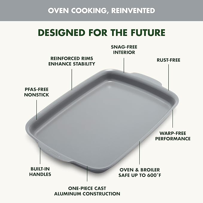 GreenPan Premiere Ovenware Healthy Ceramic Nonstick 13" x 9" Quarter Sheet Baking Pan, PFOA & PFAS-Free, Warp-Free Bakeware, Durable Quick Heating, Oven & Broiler Safe to 600F, Dishwasher Safe, Gray