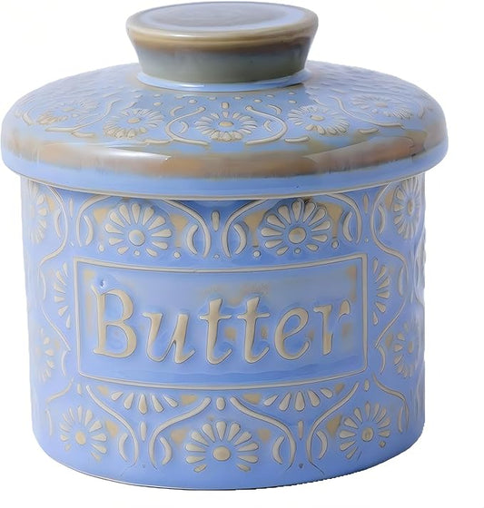 Ceramic Butter Crock with Lid, French Butter Dish with Water Line for Countertop, Butter Keeper for Spreadable Butter, Container Holder for Kitchen and Home Decor, 6.7 OZ, Pale Blue