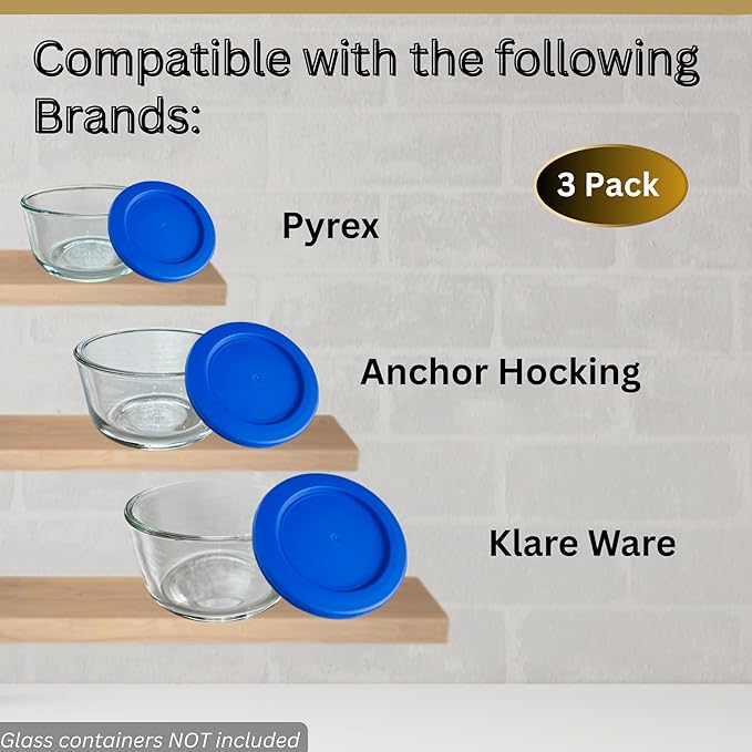2, 4 & 7 Cup Blue Replacement Lids/Covers for Pyrex, Anchor Hocking & KlareWare Storage Bowls *Lids Only Glass Container Not Included* (3 Pack *One of Each Size*)