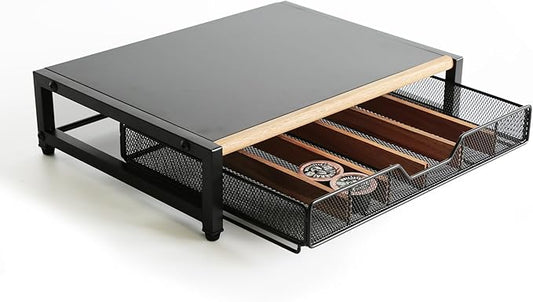 Coffee Pod Drawer,Coffee Station Organizer for Coffee Pod Storage,Movable Solid Wood Partition Board, Counter Coffee Bar Accessories for Nespresso Pods,Cream, Spoon, Sugar（Black)
