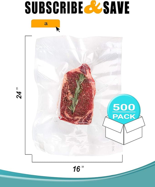 APQ Pack of 500 Jumbo Co-Extruded Vacuum Pouches 16 x 24 Vacuum Food Bags 16x24. Thickness 3 mil Thick Clear Poly Bags for Packing and Storing Perfect for Industrial, Food Service