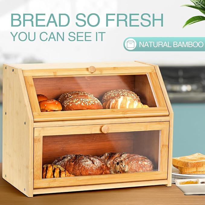 Bread Box for Kitchen Countertop Double Layer,Wooden Extra Large Storage Bin,boxes for kitchen counter Capacity Bin Kitchen Food Storage Container（Natural Wood Color）