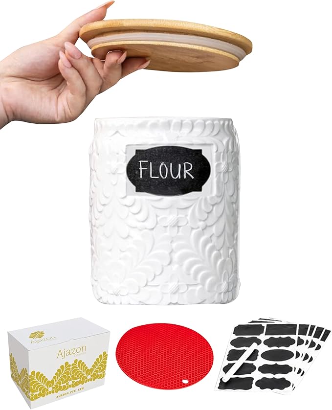 Ceramic Canister Set for the Kitchen Set of 2 94/52 Oz Food Storage Containers, Airtight Bamboo Lid, Decorative Flour Sugar Coffee Canister, Food Container for Coffee, Flour, Sugar, Cookie Jar (52Oz)