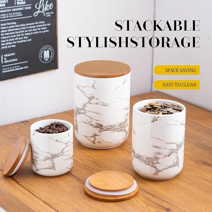 White Ceramic Canister Set with Wooden Lid, 3-Piece Food Storage Jars for Kitchen Counter, Storage Container for Sugar, Coffee, Tea, Spice