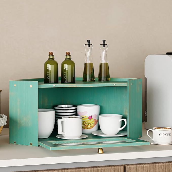 Corner Bamboo Bread Box for Kitchen Counter Large Capacity Rustic Bread Storage Container with Wavy Arcylic Transparent Door Vintage Storage for Homemade Bread (Antique Blue)