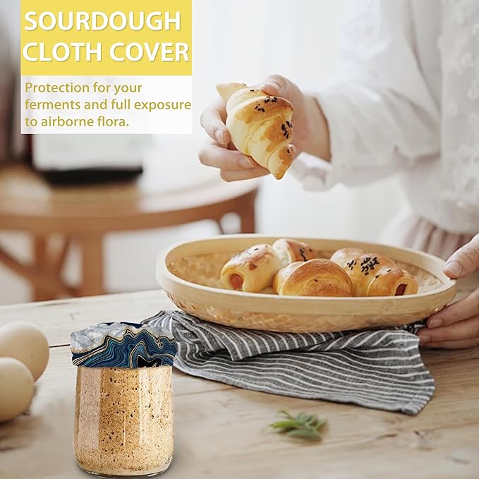 Sourdough Starter Jar Covers,5-Pack Reusable Blue Marble Cloth Lids for 3-4 Inch Jars,Ideal for Kombucha Kefir or Cheese Fermentation