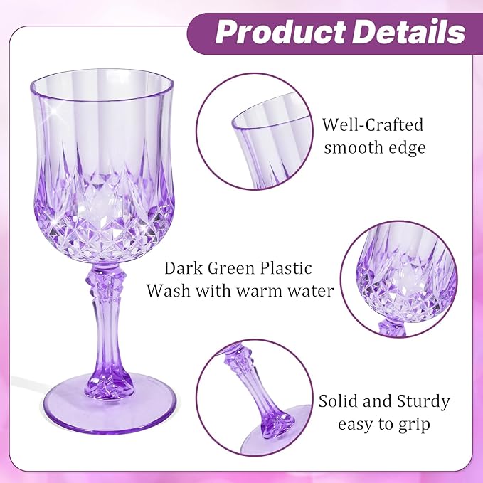 24 Pcs Plastic Purple Wine Drinking Glasses, Plastic Water Goblets Purple Vintage Reusable Drinkware Vintage Champagne glassware for Wedding Reception Grand Event Party, 7oz