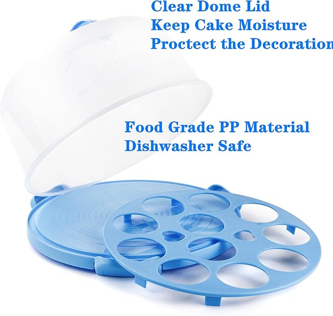 Portable Cake Carrier with Handle, Round Cupcake Holder with Lid, Plastic Storage Container Box fit 10 inch Cake, 3-Locking Muffin and Pies Keeper with Cover (Blue)