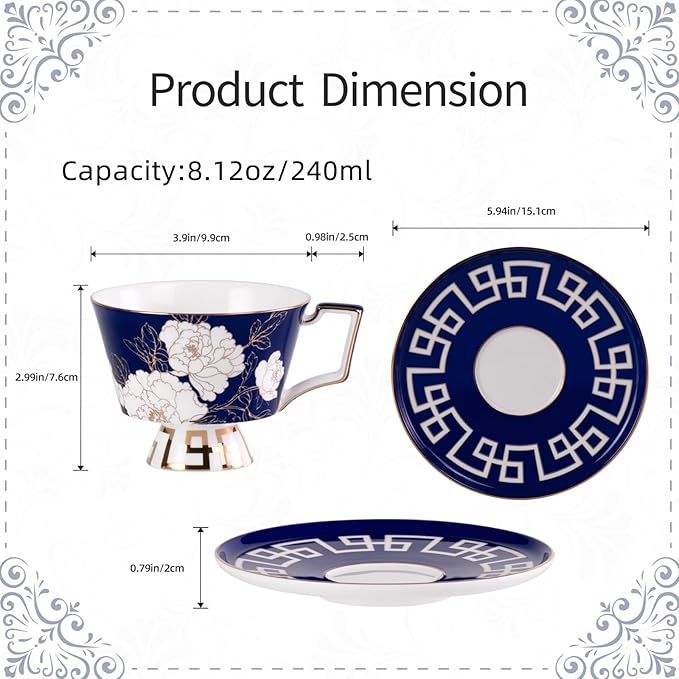 KAMMAK Ceramic Tea Cup and Saucer Set with Gold Trim, Peony Flower Pattern, 240ml Elegant Bone China Coffee Cup Set in Navy Blue & Teal Green, Ideal for Afternoon Tea, Gift for Women