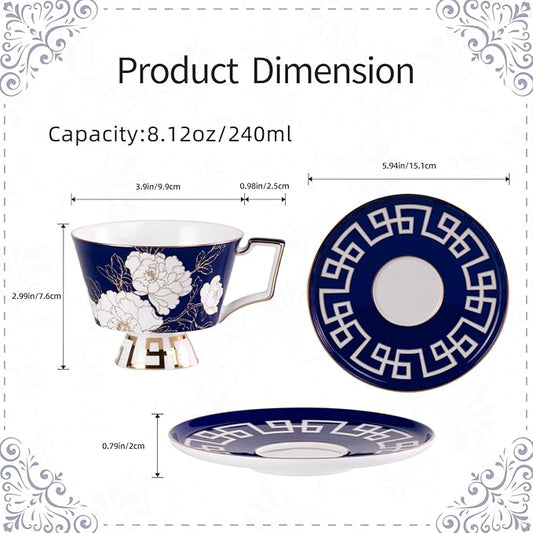 KAMMAK Ceramic Tea Cup and Saucer Set with Gold Trim, Peony Flower Pattern, 240ml Elegant Bone China Coffee Cup Set in Navy Blue & Teal Green, Ideal for Afternoon Tea, Gift for Women